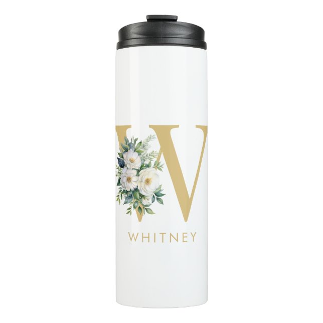 Monogram Letter Floral Initial Name Thermal Tumbler (Front)