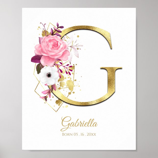 Monogram Letter G Gold Foil & Pink Floral Nursery Poster (Front)