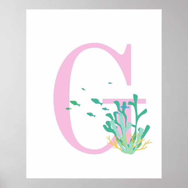 Monogram Letter G Pink Teal Coral Fish Poster (Front)
