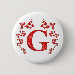 Monogram Letter G Red Leaves 6 Cm Round Badge