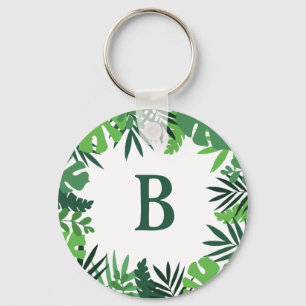 Monogram letter green floral tropical palm leaves  key ring