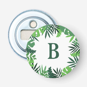 Monogram letter green tropical palm leaves floral bottle opener