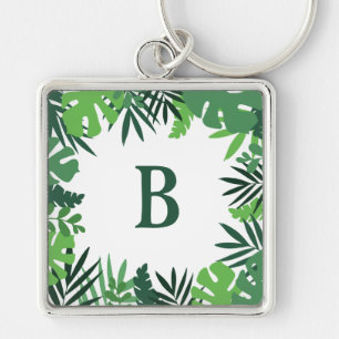 Monogram letter green tropical palm leaves jungle key ring