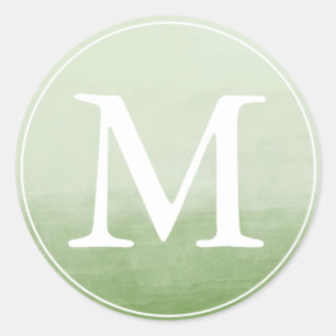 Monogram Letter Green Watercolor Ombre Classic Round Sticker