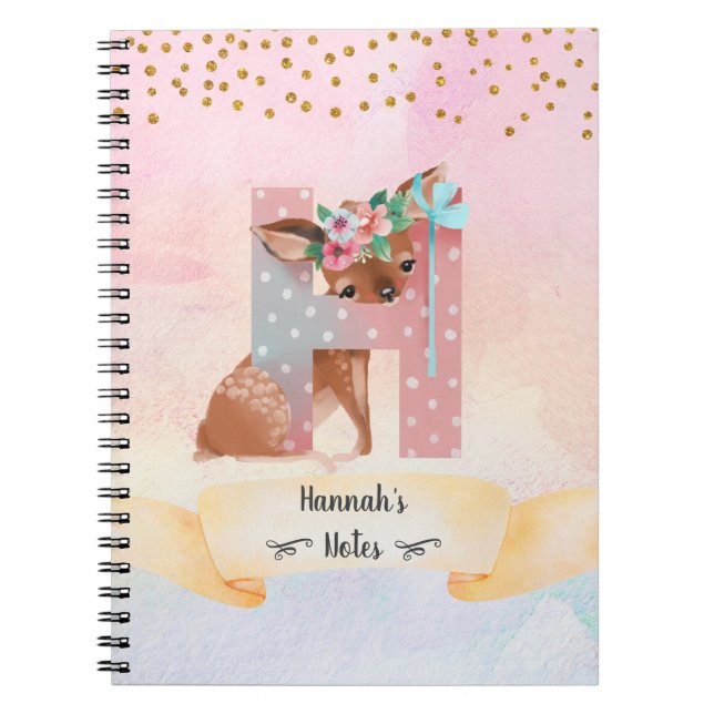 Monogram Letter H Baby Deer Girl Daily Diary Notebook (Front)