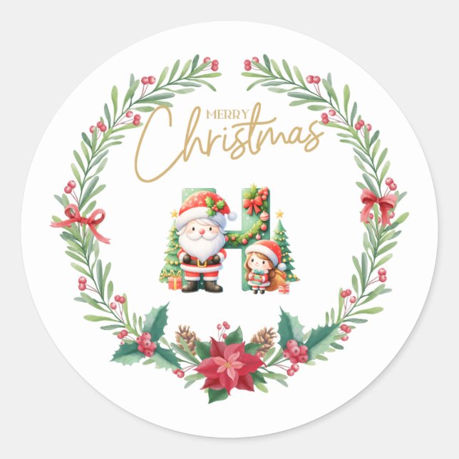 Monogram letter H, Christmas Wreath w/ Santa Claus Classic Round Sticker (Front)