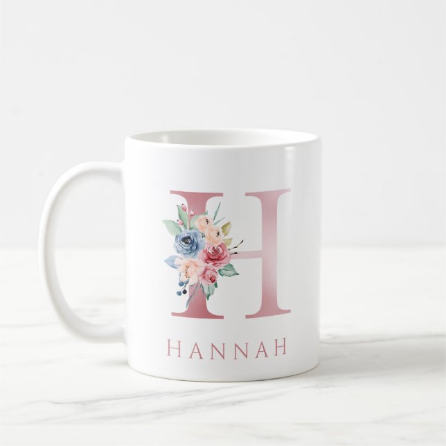 Monogram Letter H Floral Watercolor Coffee Mug (Left)