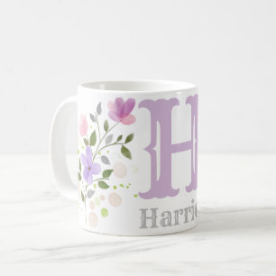 Monogram Letter H & Name with Flowers Coffee Mug