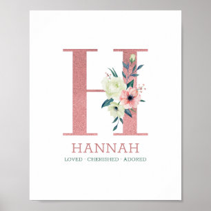 Monogram Letter H Pink Watercolor Floral Nursery Poster
