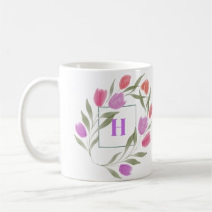 Monogram Letter H Purple & White with flowers Coffee Mug