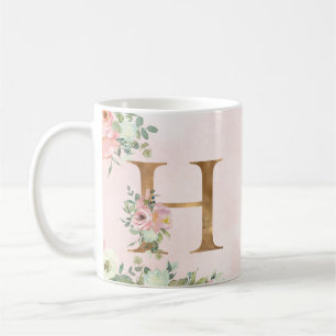 Monogram Letter H Watercolor Floral Coffee Mug