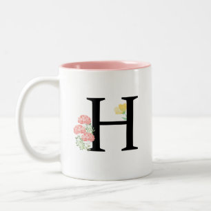 Monogram Letter H Watercolor Pink Flowers Chic Two-Tone Coffee Mug