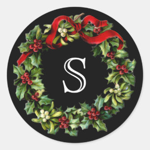 Monogram Letter Holly Wreath Christmas Classic Round Sticker