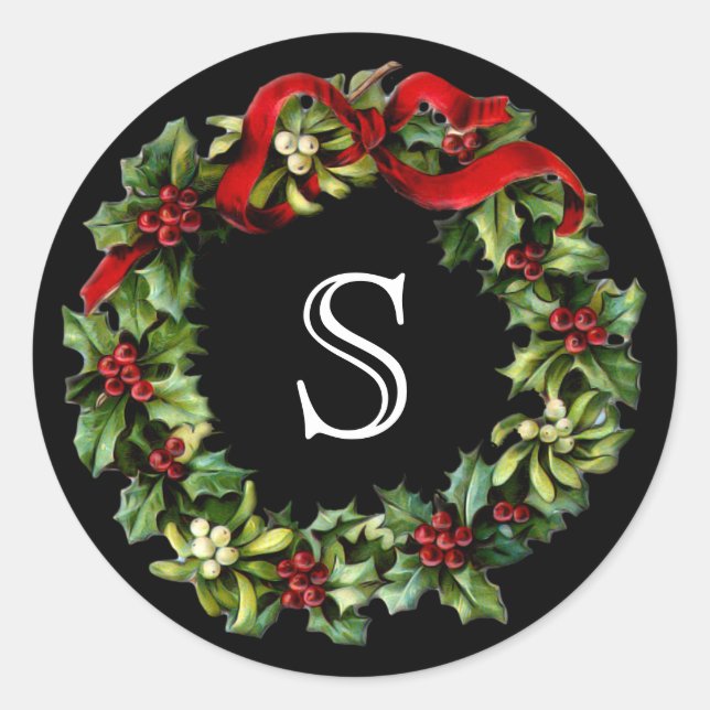 Monogram Letter Holly Wreath Christmas Classic Round Sticker (Front)