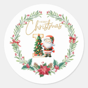 Monogram letter I, Christmas Wreath w/ Santa Claus Classic Round Sticker