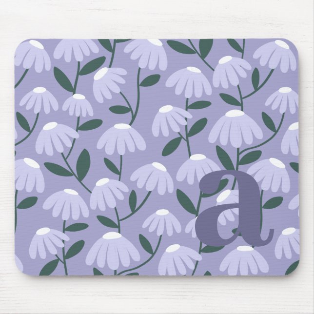 Monogram Letter Initial Blue Purple Floral Pattern Mouse Mat (Front)