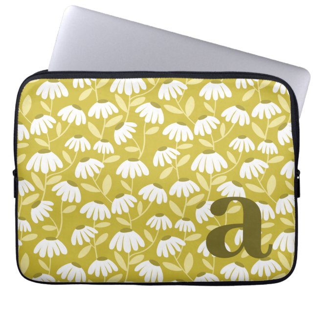 Monogram Letter Initial Dark Gold Floral Pattern Laptop Sleeve (Front)