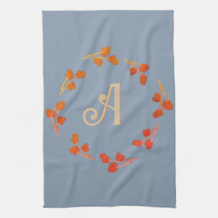 Monogram Letter Initial Dusty Blue Retro Berry Tea Towel