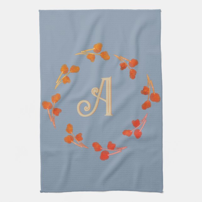 Monogram Letter Initial Dusty Blue Retro Berry  Tea Towel (Vertical)
