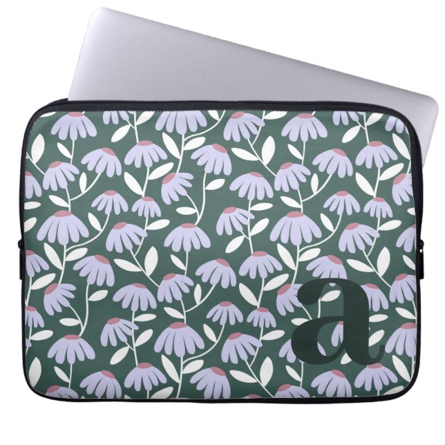 Monogram Letter Initial Green Floral Pattern Laptop Sleeve (Front)