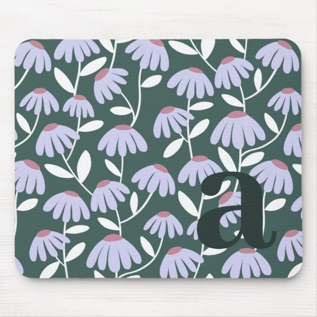 Monogram Letter Initial Green Floral Pattern Mouse Mat (Front)