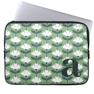 Monogram Letter Initial Green Vintage Flowers Laptop Sleeve