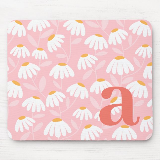 Monogram Letter Initial Pink/White Floral Pattern Mouse Mat (Front)