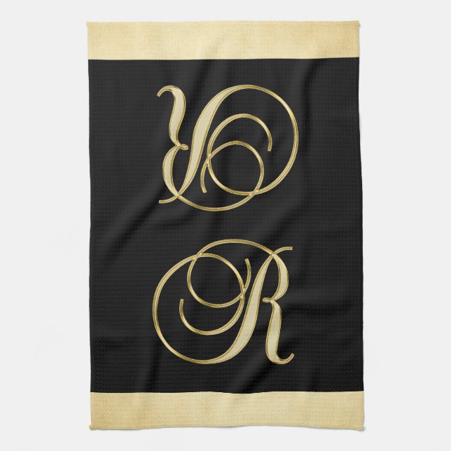 Monogram Letter Initial R Gold Black Colour Tea Towel (Vertical)