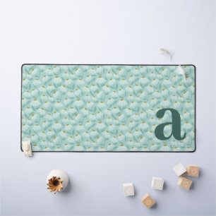Monogram Letter Initial Teal Blue Floral Pattern Desk Mat