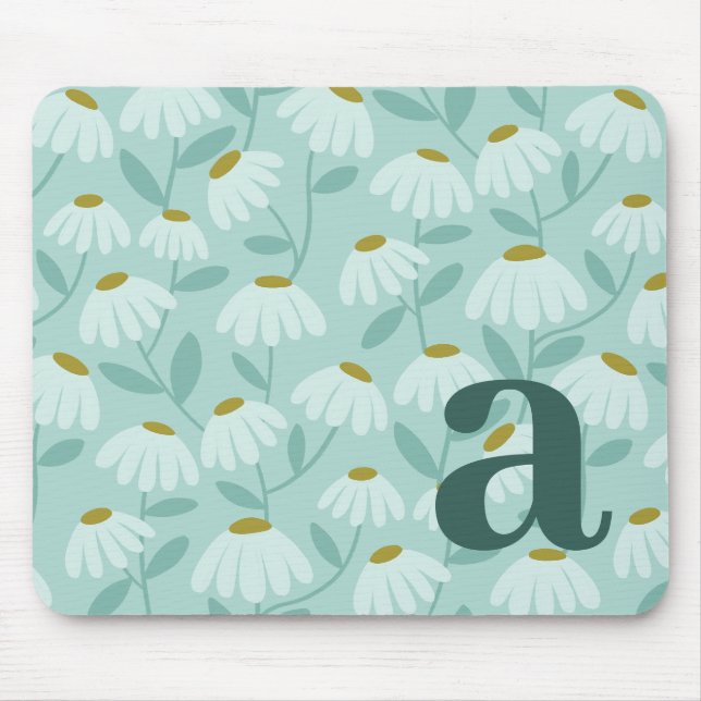 Monogram Letter Initial Teal Blue Floral Pattern Mouse Mat (Front)