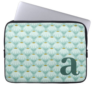 Monogram Letter Initial Teal Blue Vintage Floral Laptop Sleeve