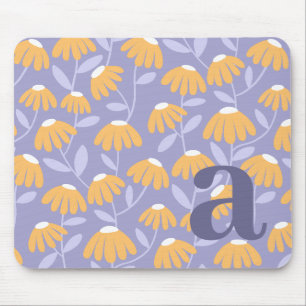 Monogram Letter Initial Yellow Blue Floral Pattern Mouse Mat