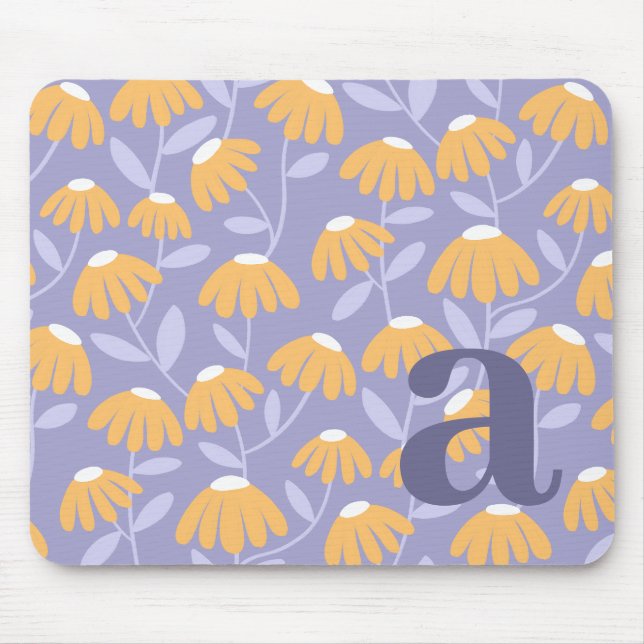 Monogram Letter Initial Yellow Blue Floral Pattern Mouse Mat (Front)