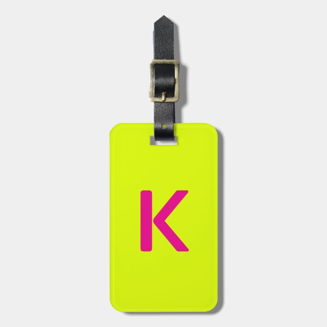 Monogram Letter Initials Chartreuse Yellow Pink Luggage Tag (Front Vertical)