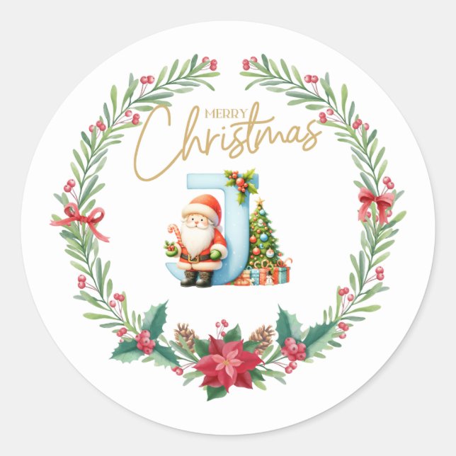 Monogram letter J, Christmas Wreath w/ Santa Claus Classic Round Sticker (Front)
