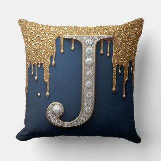 Monogram Letter J Navy Gold Dripping Paint Cushion
