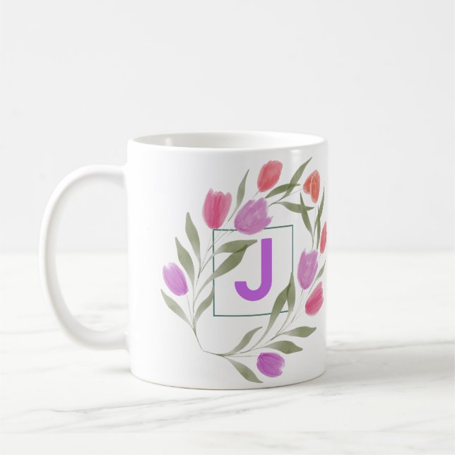 Monogram Letter J Purple & White with flowers   Coffee Mug (Left)