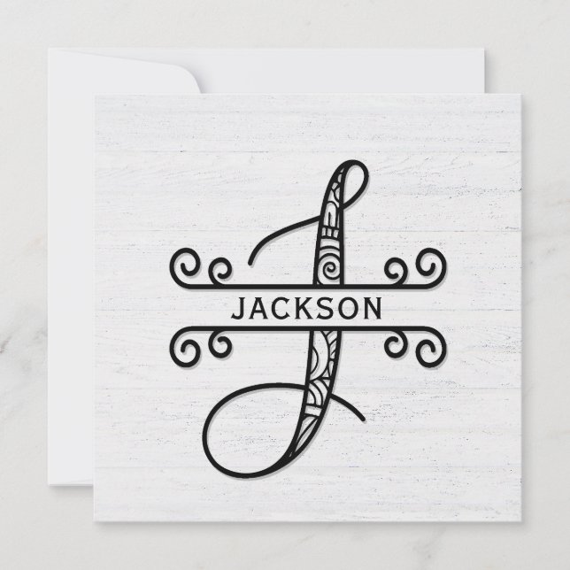 Monogram Letter J with Family Name Note Card (Front)