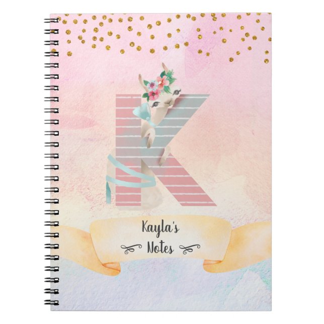 Monogram Letter K Baby Llama Girly Notebook (Front)