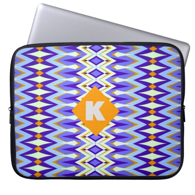Monogram Letter K Blue and Orange Argyle geometric Laptop Sleeve (Front)