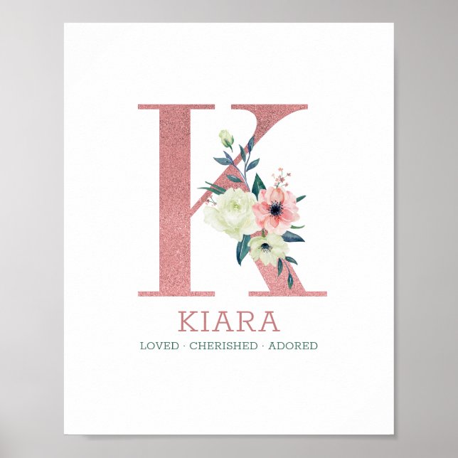 Monogram Letter K Pink Watercolor Floral Nursery Poster (Front)