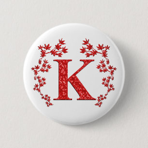 Monogram Letter K Red Leaves 6 Cm Round Badge