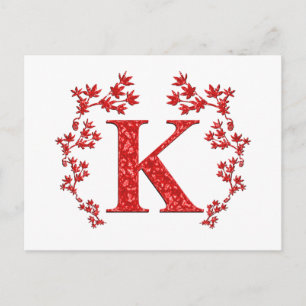 Monogram Letter K Red Leaves Postcard