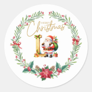 Monogram letter L, Christmas Wreath w/ Santa Claus Classic Round Sticker