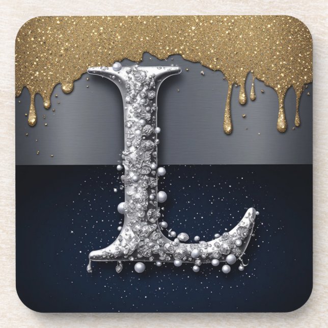 Monogram Letter L Gold Dripping Silver Luxury  Coaster (Front)