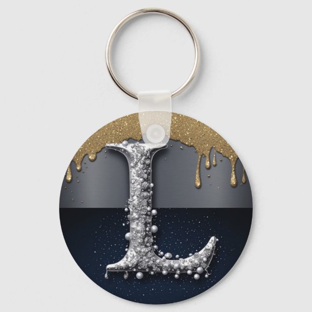 Monogram Letter L Gold Dripping Silver Luxury  Key Ring (Front)