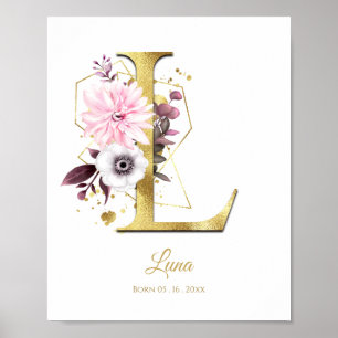 Monogram Letter L Gold Foil & Pink Floral Nursery Poster