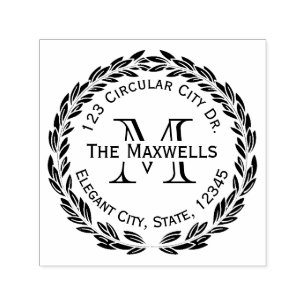 Monogram Letter Laurel Wreath Circle Address Stamp