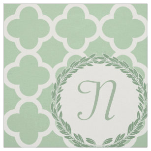 Monogram Letter Light Sage Green Wreath Quatrefoil Fabric