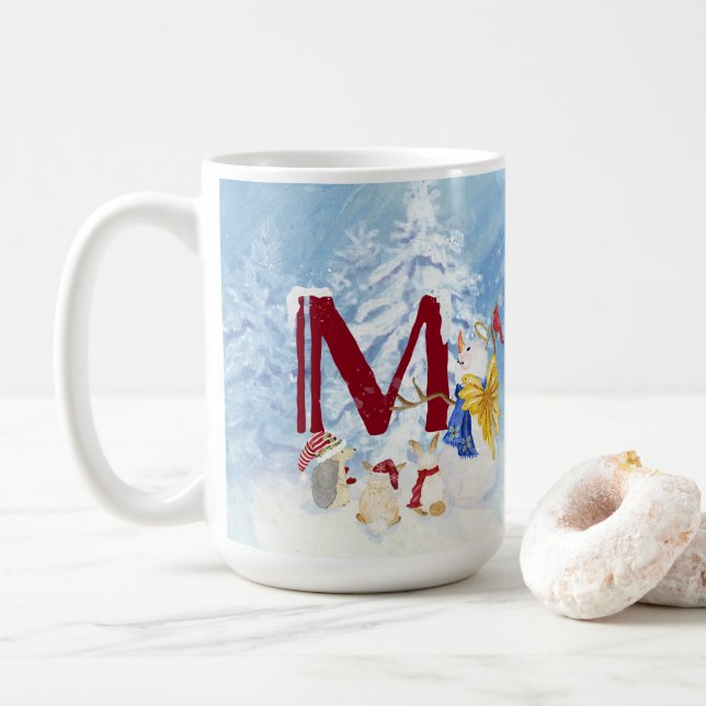 Monogram Letter M Angel Snowman Christmas Coffee Mug (With Donut)
